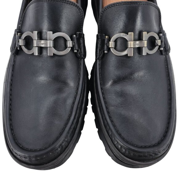 Salvatore Ferragamo Italy Black Leather Bit Loafers Men 8.5 Dress Shoes Lug Sole - Picture 3 of 12